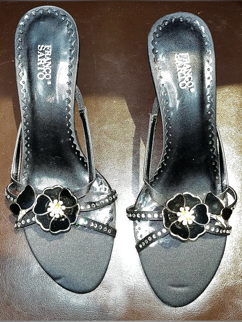 Franco Sarto Black Floral Slide Heels with Rhinestone Trim size 7